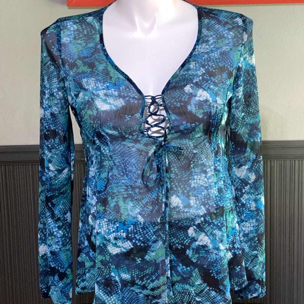 Blue snakeskin shear blouse